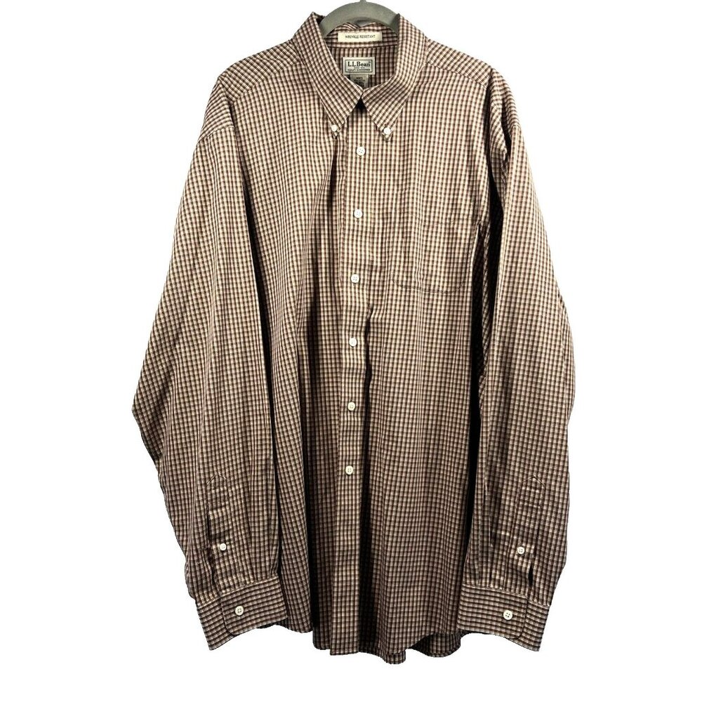 L L Bean Men's Shirt Size XL Brown Plaid Button Up Long Sleeve Wrinkle Resistant